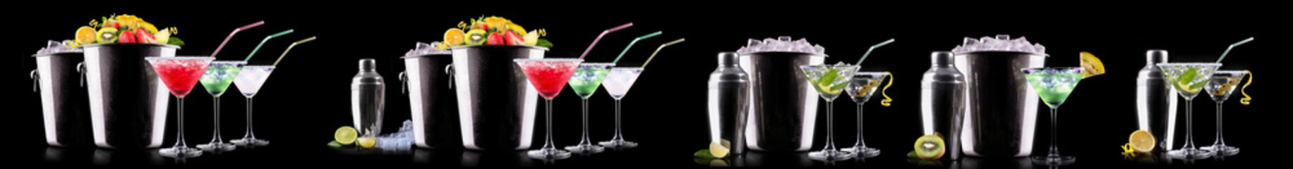 Different alcohol cocktails like beer, martini, soda, champagne, whiskey