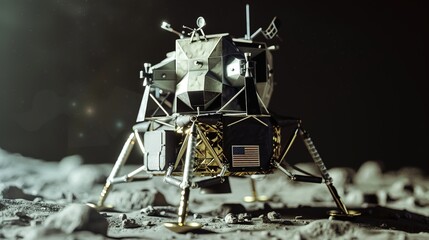 A detailed model of a toy lunar lander on a solid background, featuring extendable legs and a realistic lunar surface base.