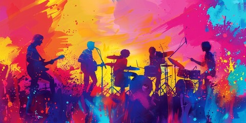 Colorful Silhouette Band Performing on Abstract Background
