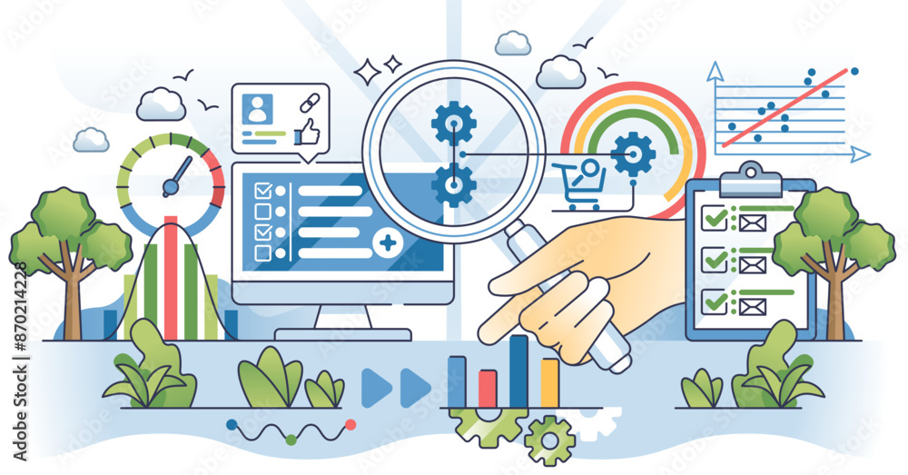 Poster digital marketing analytics tools or website monitoring outline hands concept, transparent backgroun