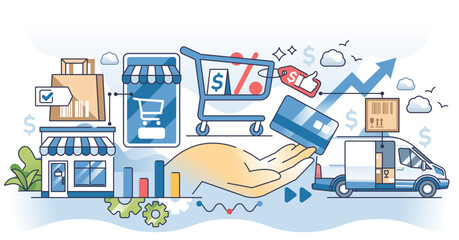 E-commerce marketing with web shop advertisement outline hands concept, transparent background. Online retail sales offer with good price for products illustration.