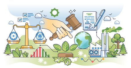 Environmental policy and ecological conservation outline hands concept, transparent background. Sustainability protection with legal agreements, green deals and standards governance illustration.