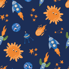 Space Seamless Pattern. Design for fabric, textiles, wallpaper, packaging.