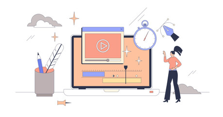 Motion graphics and movie editing software tiny person neubrutalism concept, transparent background. Reel or video content creation for social media presentation illustration.