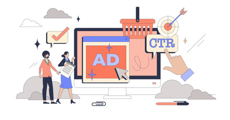 Media planning for effective ads strategy tiny person neubrutalism concept, transparent background. Online marketing for brand recognition and advertisement on social media illustration.