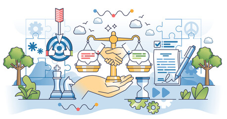 Negotiation skills for business deal and agreements outline hands concept, transparent background.Strategy and plan for work contract illustration.