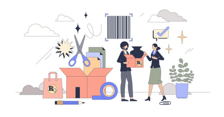 Packaging design with graphic decoration tiny person neubrutalism concept, transparent background. Business logo on box, ready for transportation and order sending in cardboard boxes illustration.