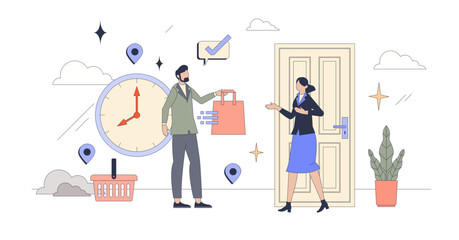 Same day delivery as fast courier service tiny person neubrutalism concept, transparent background.Fast shipping and parcel transportation for customer purchases illustration.