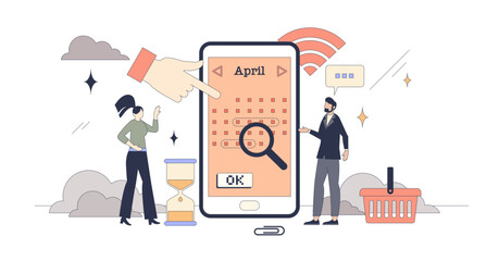 Shared calendar app for family schedule tiny person neubrutalism concept, transparent background.
