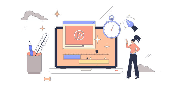 Motion graphics and movie editing software tiny person neubrutalism concept, transparent background. Reel or video content creation for social media presentation illustration.