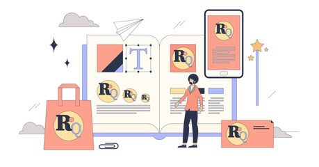 Branding design or company identity creation tiny person neubrutalism concept, transparent background. Corporate style with logo, color character and brand representation illustration.