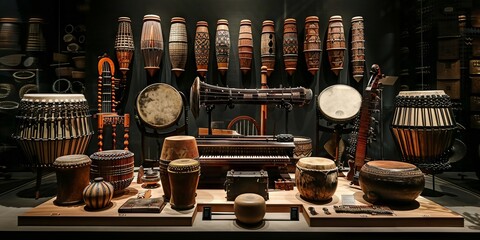 Vibrant Collection of Traditional Percussion Instruments Against a Dark Backdrop