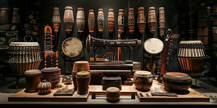 Vibrant Collection of Traditional Percussion Instruments Against a Dark Backdrop