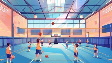 Obraz premium In the school gym, boys play volleyball. The gym has a sport court with a basketball hoop, wall bars, a volleyball net, and a tribune, all depicted in a modern vector illustration.