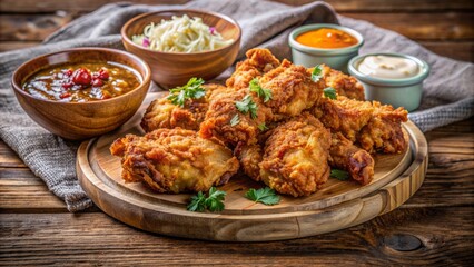 Fototapeta premium A Delicious And Crispy Fried ChickenðŸ—ðŸ— With A Variety Of Dipping Sauces And Sides.