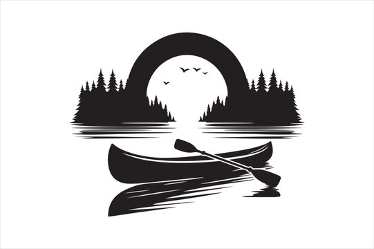 black canoe on water with trees clip art preview