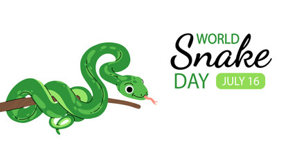 Minimalistic cute banner for World Snake Day at 16th of July with cartoon green snake, typography. Holiday concept for website, poster, background, card to raise awareness about importance of snakes.