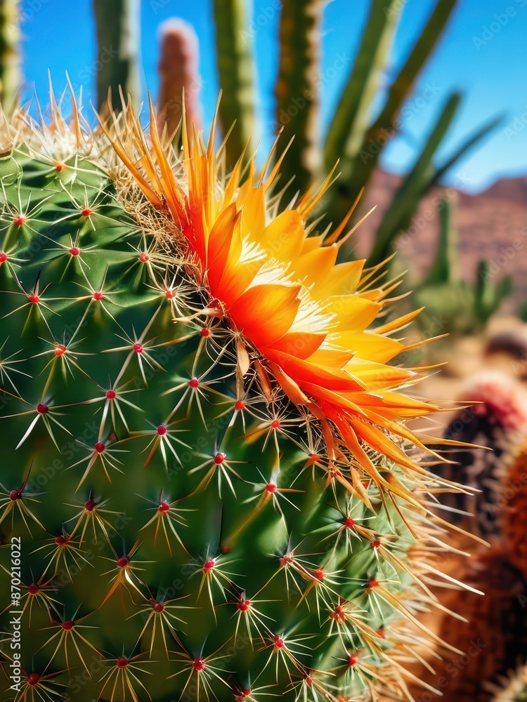 Poster blooming cactus in the desert.