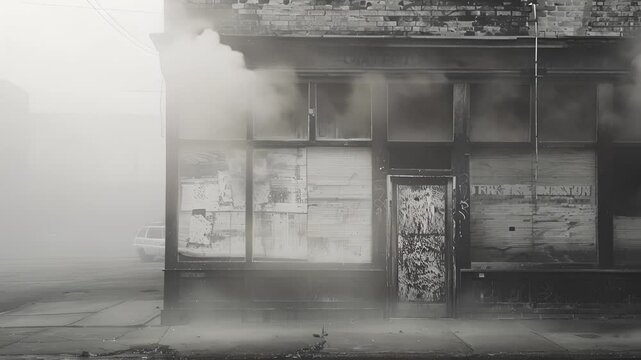 A hazy black and white photo of a boardedup storefront captures the ghostly presence of a once thriving urban area now relegated to a state of decay. Black and white art