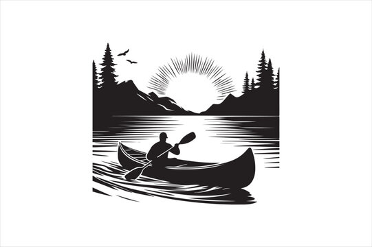 black canoe on lake with mountains clip art preview