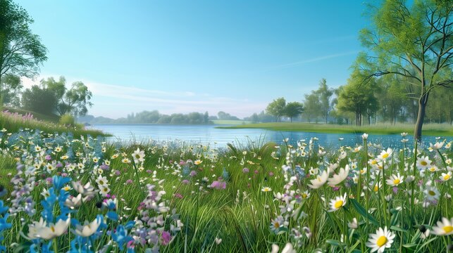 lake in the forest, park, beautiful medow surrounded by flowers with a blue sky with no clouds