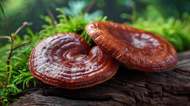Group of reishi mushrooms growing in a natural forest environment, highlighting their red caps and traditional medicinal uses