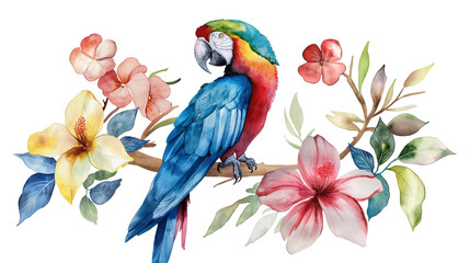 Obraz premium Watercolor parrot with flowers. Hand-drawn illustration isolated on a transparent background