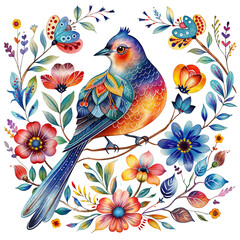 Obraz premium Ukranian folk art Bird on a branch with flowers watercolor generated AI 
