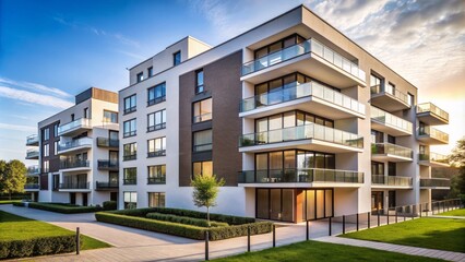 Sleek, contemporary, gray, monolithic residential apartment complex with clean lines, minimalist windows, and a stark, isolated white background dominates frame.