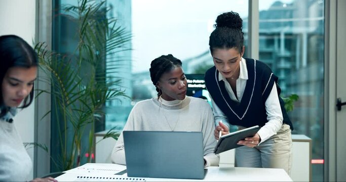 Collaboration, feedback and technology with business women in boardroom of office together for discussion. Laptop, planning and tablet with employee team in creative workplace for project management
