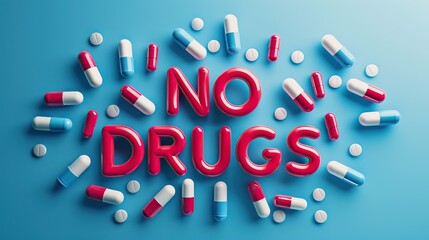 No drugs message with colorful pills scattered around on a blue background, promoting drug-free lifestyle and health awareness