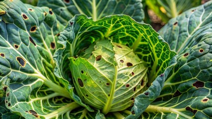 Obraz premium Close-up of damaged cabbage head and leaves with holes, eaten by larvae of Pieris brassicae butterflies and caterpillars.