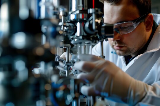 Technician adjusting gas chromatography apparatus, close-up, photorealistic, high contrast, minimalist, Magnum photo style