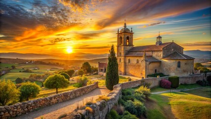 Naklejka premium Golden hue of setting sun casts warm glow on ancient stone walls and steeples of serene rural Spanish Church landscape.