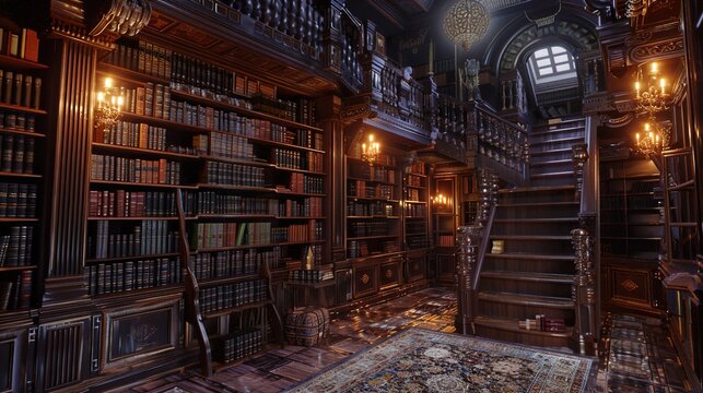 A mysterious library with hidden compartments and secret passages, filled with cryptic books and codes.