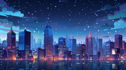 Obraz premium Nighttime city scene with building illustrations.