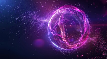Obraz premium Neon Energy Sphere: Glowing Particles and Waves in Abstract Design