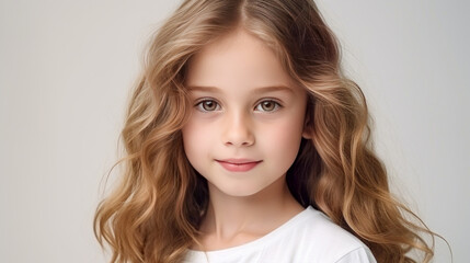Portrait of a chic cute beautiful baby girl with perfect skin, white background, banner.