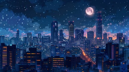 Nighttime city scene with building illustrations.