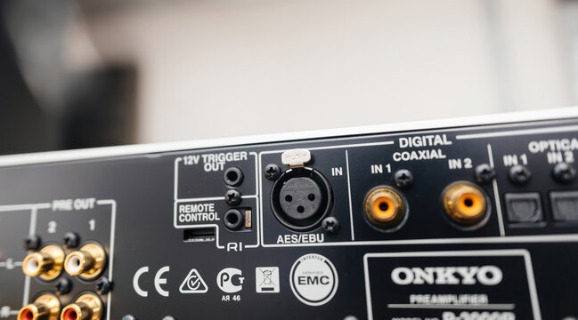 Paris, France - May 30, 2024: Focus on the AES-EBU input on the Onkyo P-3000R reference preamplifier. The AES EBU, a digital audio standard known as AES3