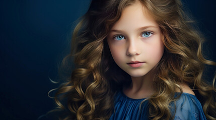 Naklejka premium Portrait of a chic cute beautiful baby girl with perfect skin, dark blue background, banner.
