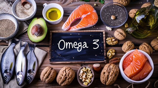 Omega-3 Rich Foods Top-Down View on Wooden Table