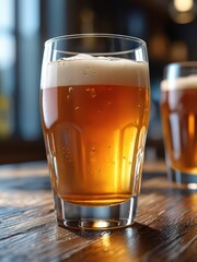 Glass of beer on a wooden table.