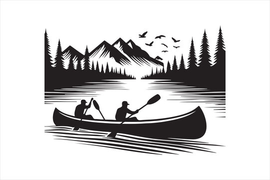 black canoe on lake with mountains clip art preview