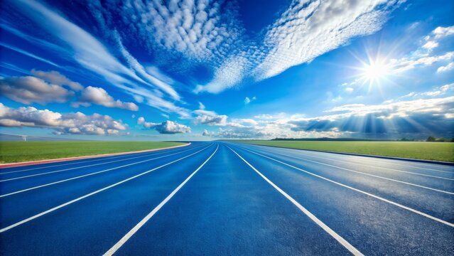Empty blue running track with lanes marked by white lines stretches into the distance under a clear sky.