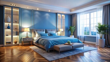 Fototapeta premium Serene blue bedroom interior with polished wooden floor features a comfortable bed adorned with calming blue linens and soft lighting.