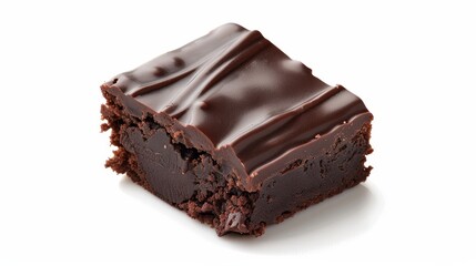 Close-up of a decadent chocolate brownie piece, dark chocolate, white background, studio lighting, perfect for advertising and dessert display