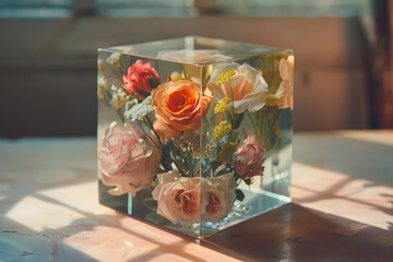 A colorful arrangement of flowers encased in a transparent resin art cube with soft sunlight filtering through a window