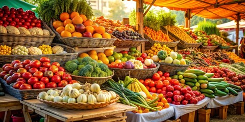Obraz premium A colorful and abundant autumn farmers market, showcasing a wide variety of fresh fruits and vegetables.