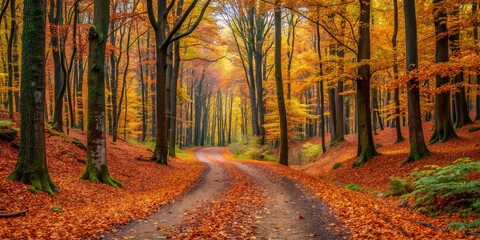 A picturesque forest path covered with fallen leaves in vibrant autumn colors, surrounded by tall trees.